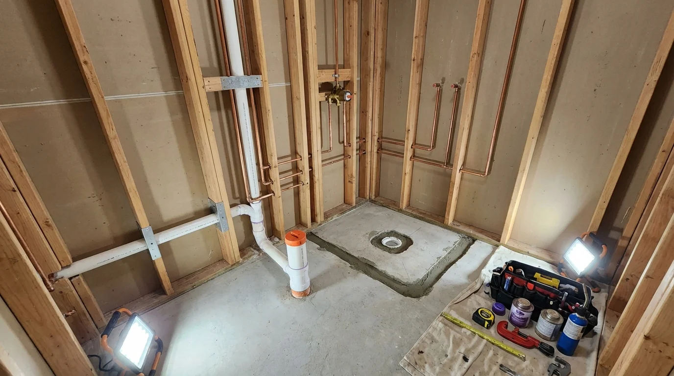 Bathroom rough-in plumbing during remodel by Johns Plumbing LLC in Fairplay