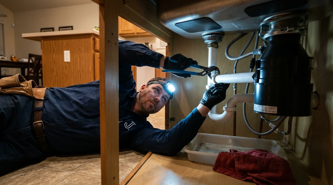 P-trap and supply line connections under a kitchen sink showing a common leak point in Fairplay, CO